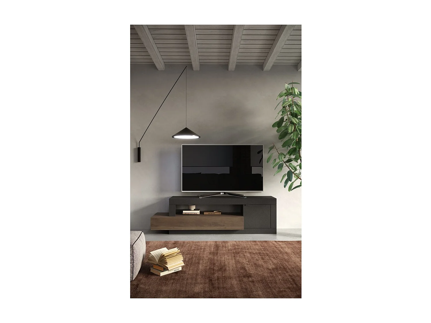 Buffet 1 porte 3 tiroirs, collection DOMI, gris anthracite/chêne foncé, pour salon design