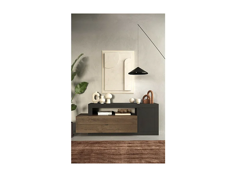 Buffet 1 deur 2 laden, collectie DOMI, antracietgrijs/donker eiken, voor een design woonkamer