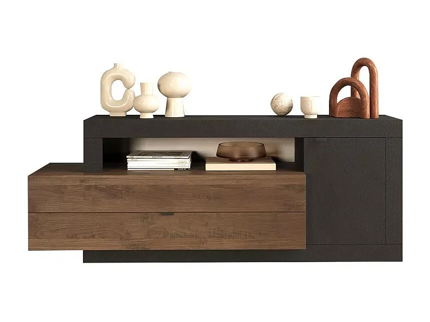 Buffet 1 deur 2 laden, collectie DOMI, antracietgrijs/donker eiken, voor een design woonkamer