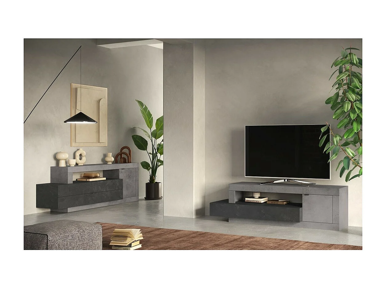 Móvel para TV com 1 porta e 1 gaveta coleção DOMI. Cor efeito concreto e cinza antracite, ideal para uma sala de estar moderna.