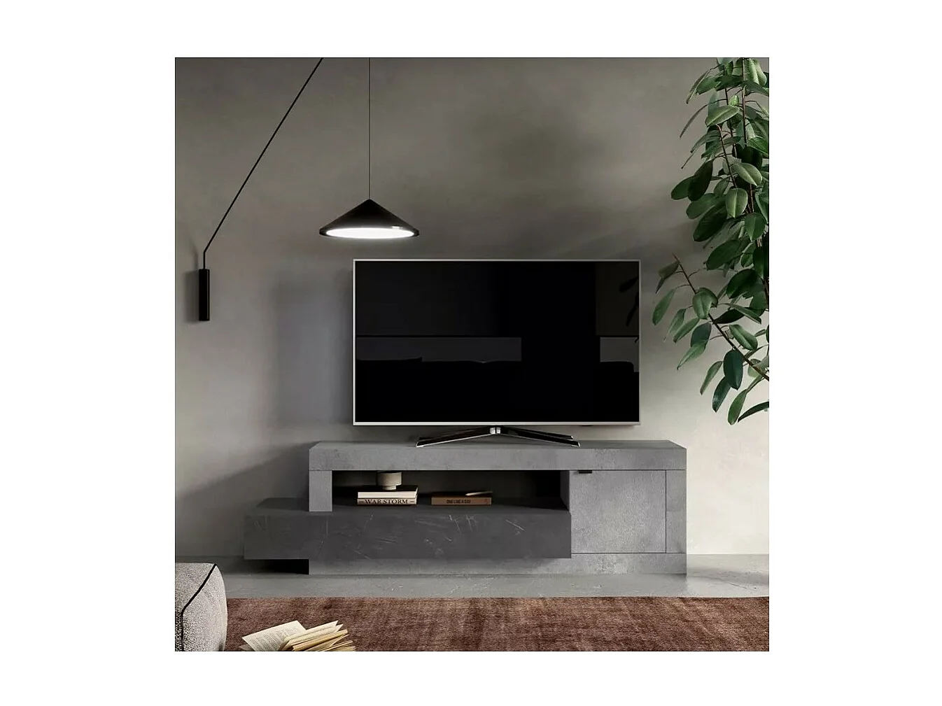 Meuble TV 1 porte 1 tiroir collection DOMI. Coloris effet béton et gris anthracite, idéal dans un salon design