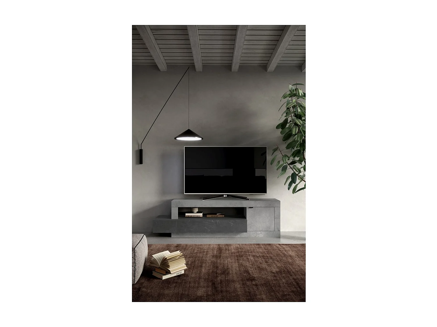 Meuble TV 1 porte 1 tiroir collection DOMI. Coloris effet béton et gris anthracite, idéal dans un salon design