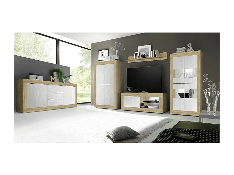 Meuble TV 1 porte sans éclairage ACCESS. Coloris blanc et chêne clair