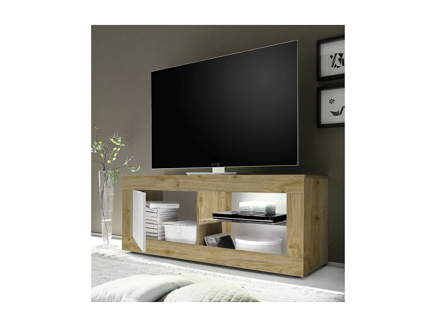 Meuble TV 1 porte sans éclairage ACCESS. Coloris blanc et chêne clair