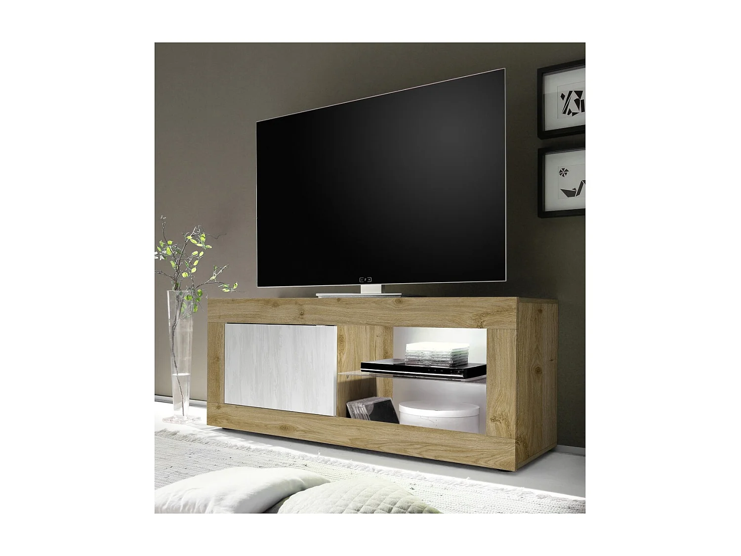 Meuble TV 1 porte sans éclairage ACCESS. Coloris blanc et chêne clair