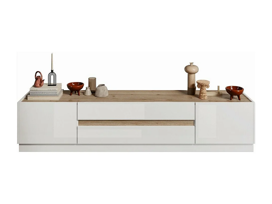 Meuble TV 205cm collection FANZY. Coloris blanc laqué et chêne clair, idéal dans un salon design