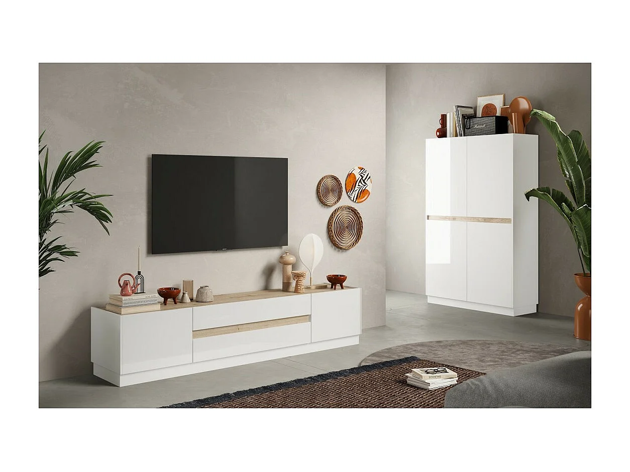 Meuble TV 205cm collection FANZY. Coloris blanc laqué et chêne clair, idéal dans un salon design