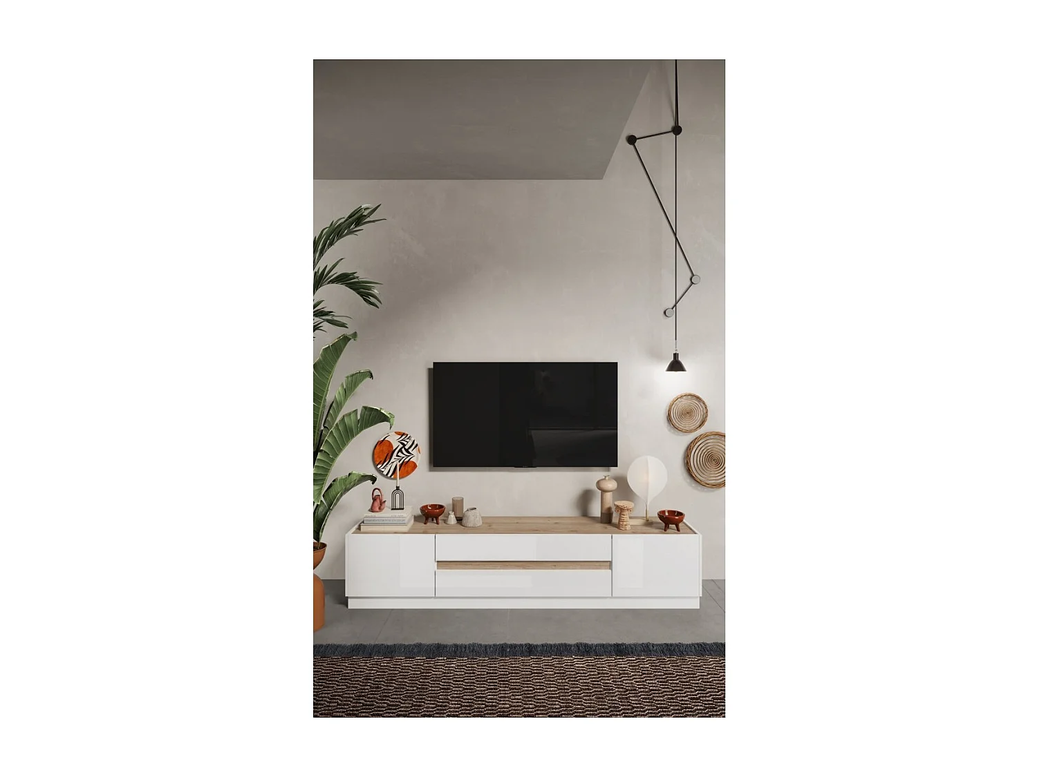 Meuble TV 205cm collection FANZY. Coloris blanc laqué et chêne clair, idéal dans un salon design