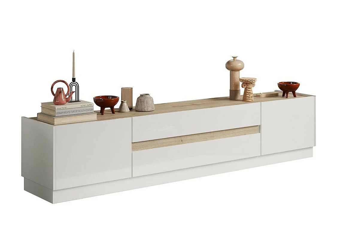 Meuble TV 205cm collection FANZY. Coloris blanc laqué et chêne clair, idéal dans un salon design