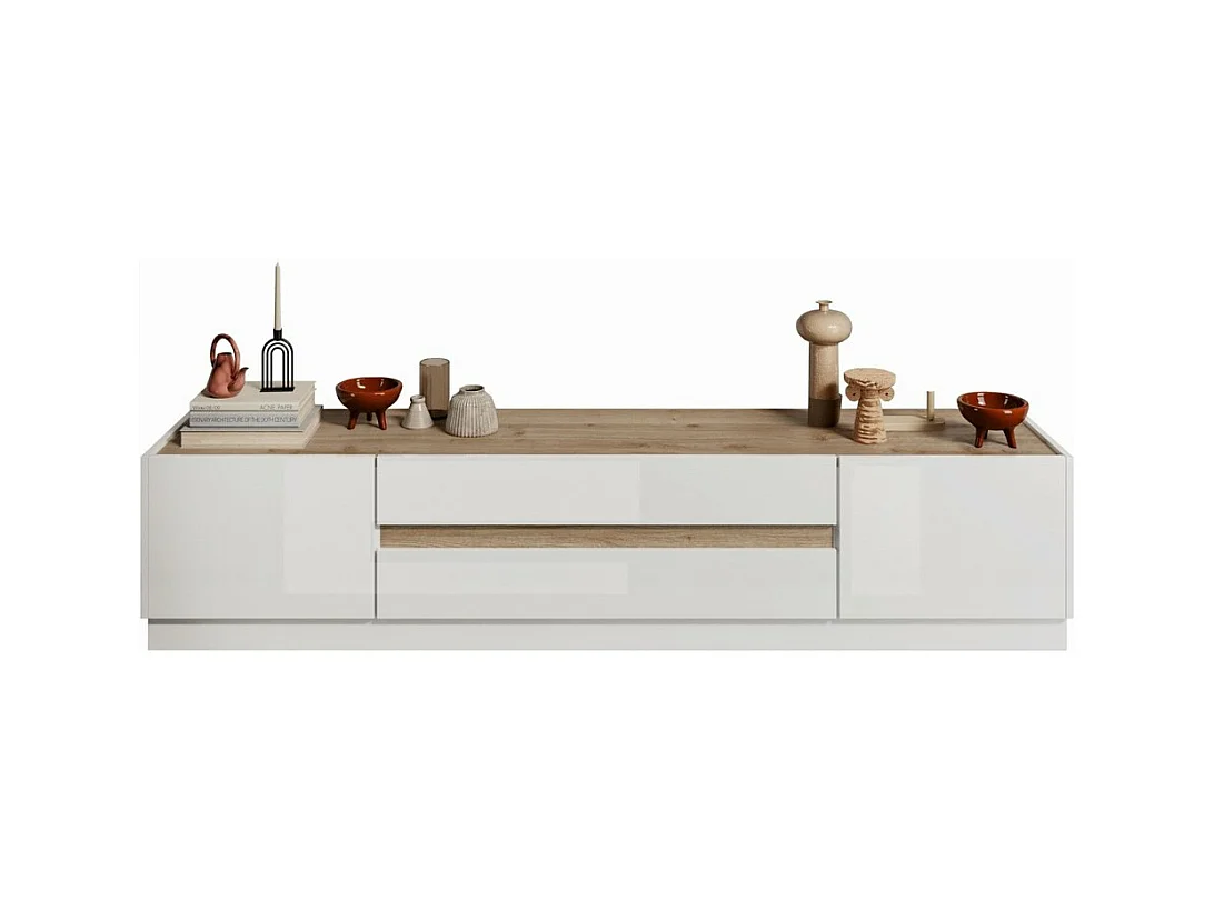 TV-meubel 205cm collectie FANZY. Kleur wit gelakt en licht eiken, ideaal voor een modern interieur.