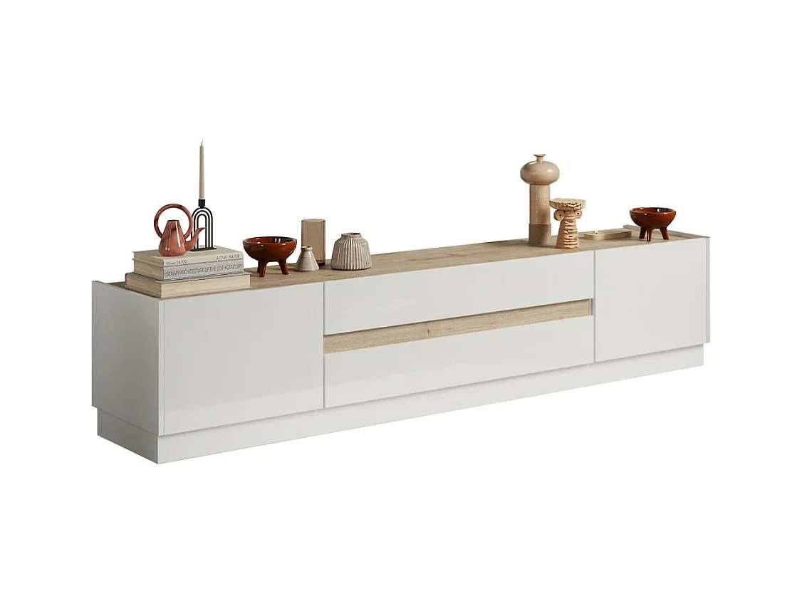 Meuble TV 205cm collection FANZY. Coloris blanc laqué et chêne clair, idéal dans un salon design