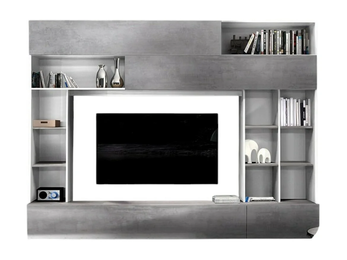 Composition murale PATIO – Gris effet béton & blanc – Nombreux rangements – Design moderne pour salon