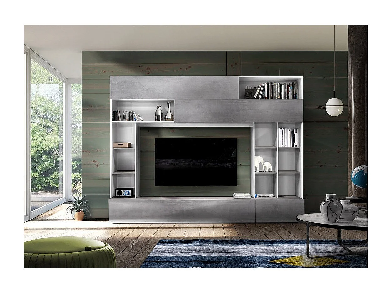Composition murale PATIO – Gris effet béton & blanc – Nombreux rangements – Design moderne pour salon