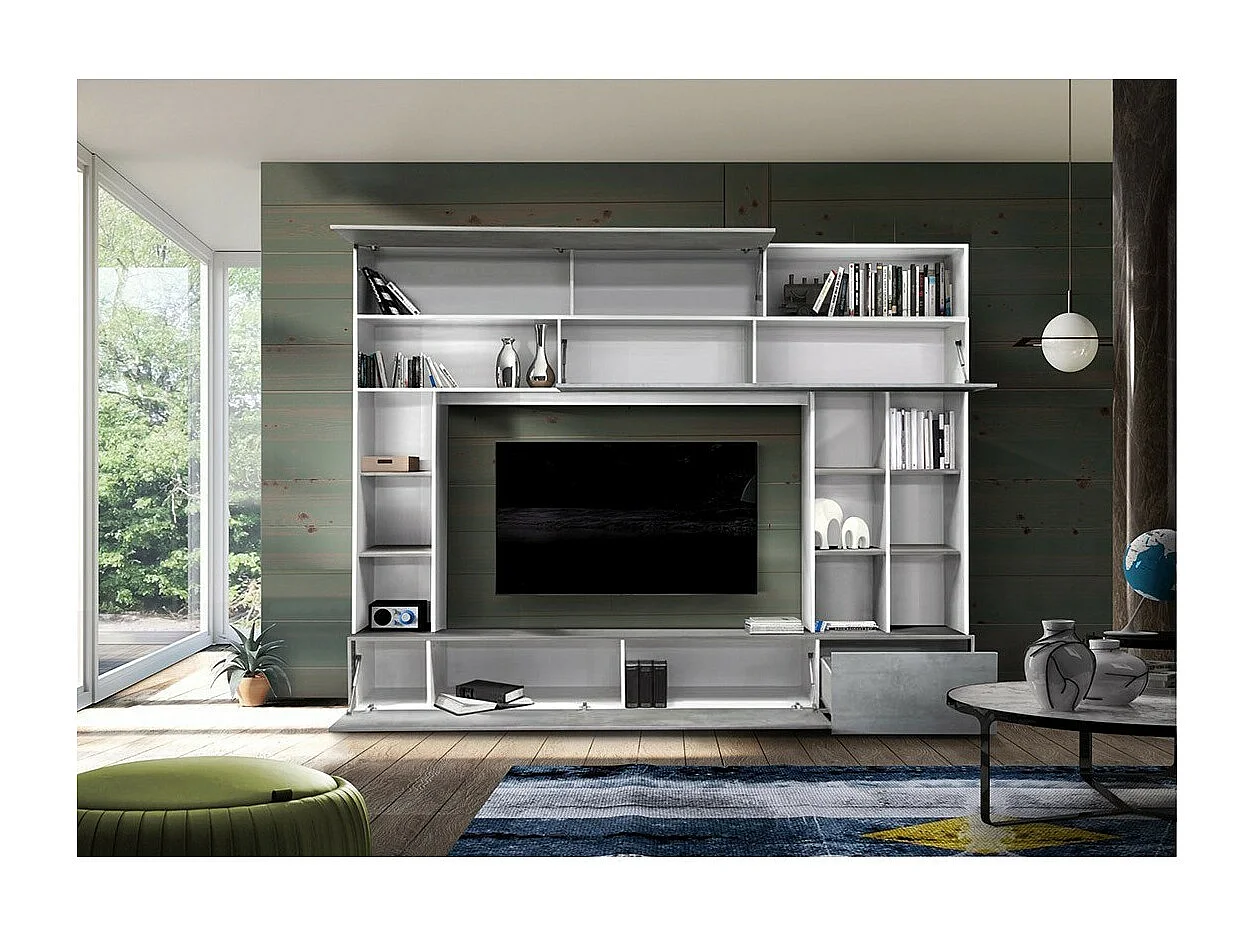 Composition murale PATIO – Gris effet béton & blanc – Nombreux rangements – Design moderne pour salon