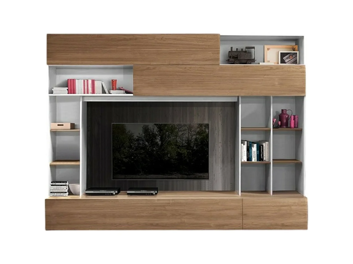 Wandkomposition PATIO – Eiche & mattweiß – Zahlreiche Aufbewahrungsmöglichkeiten – Moderner Stil für das Wohnzimmer