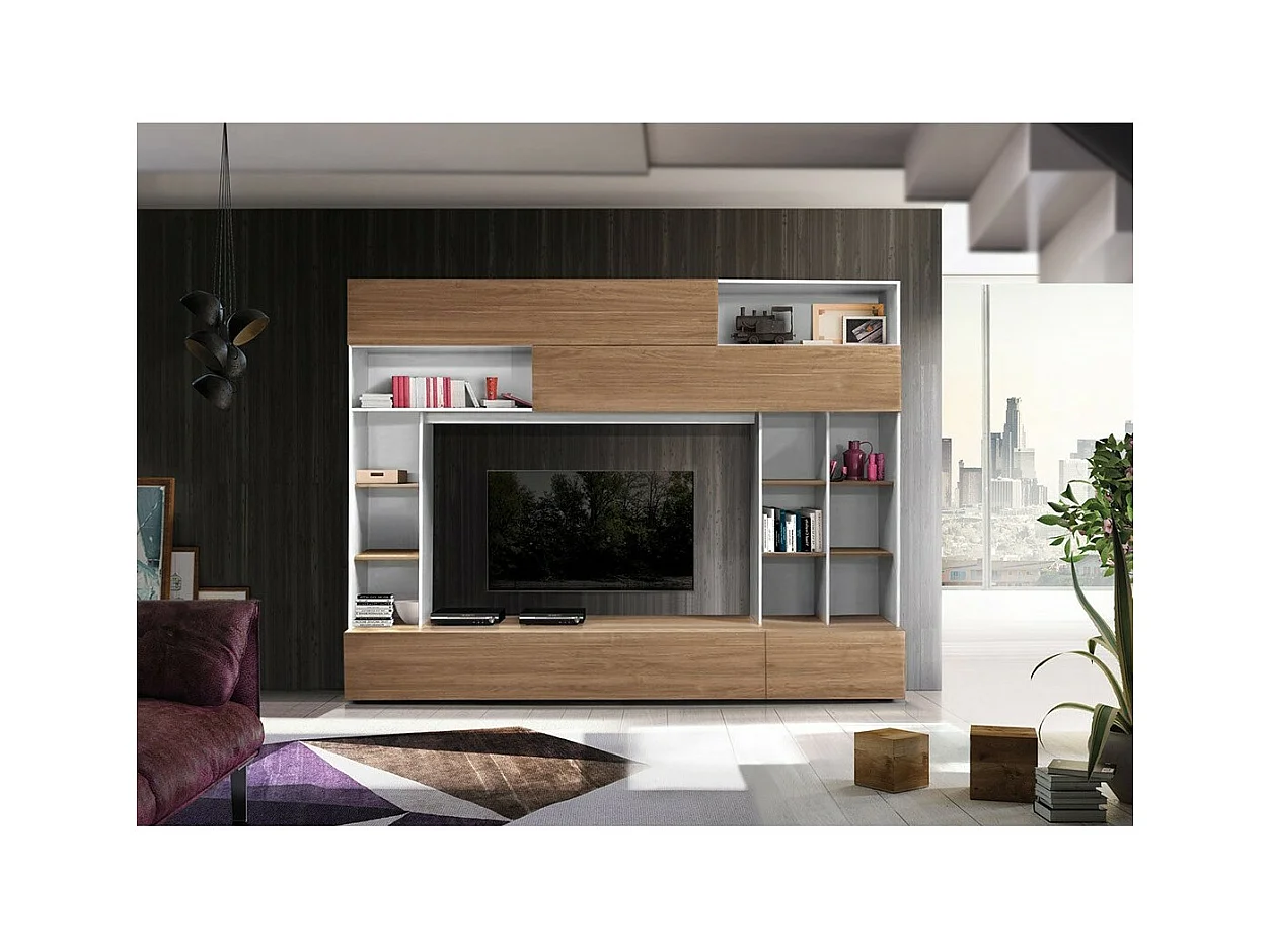 Wandkomposition PATIO – Eiche & mattweiß – Zahlreiche Aufbewahrungsmöglichkeiten – Moderner Stil für das Wohnzimmer