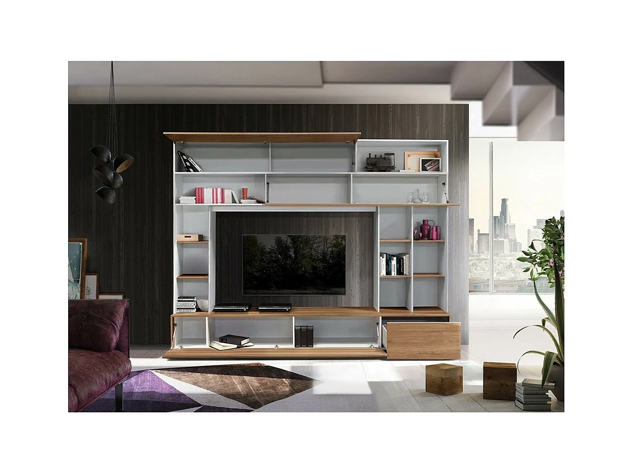 Wandkomposition PATIO – Eiche & mattweiß – Zahlreiche Aufbewahrungsmöglichkeiten – Moderner Stil für das Wohnzimmer