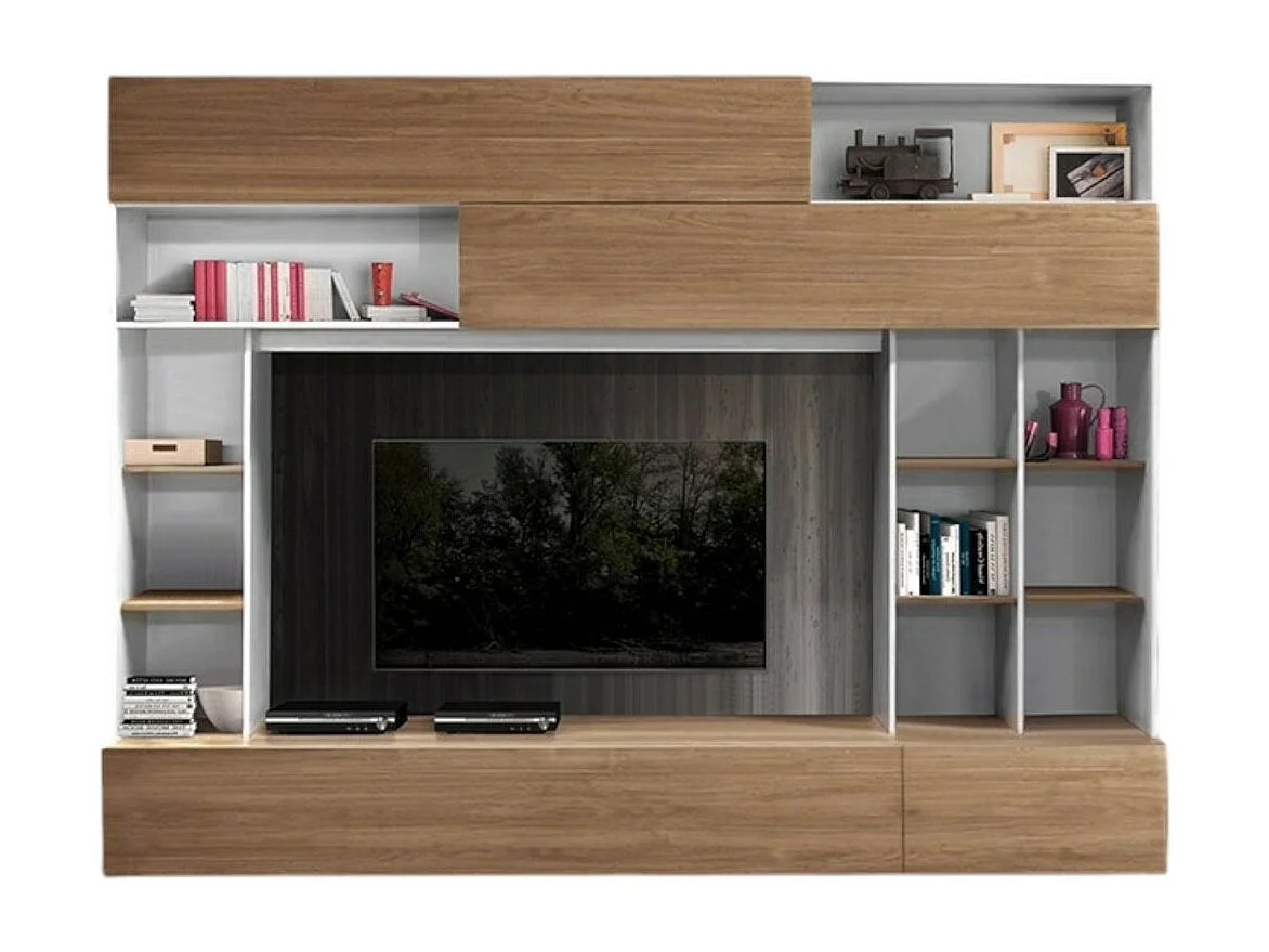 Wandmeubel PATIO - Eiken & mat wit - Veel opbergruimte - Moderne stijl voor woonkamer