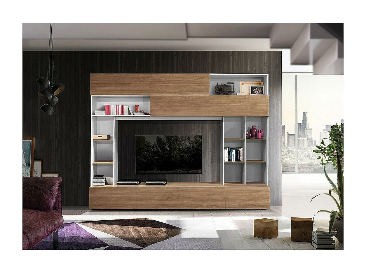 Wandmeubel PATIO - Eiken & mat wit - Veel opbergruimte - Moderne stijl voor woonkamer