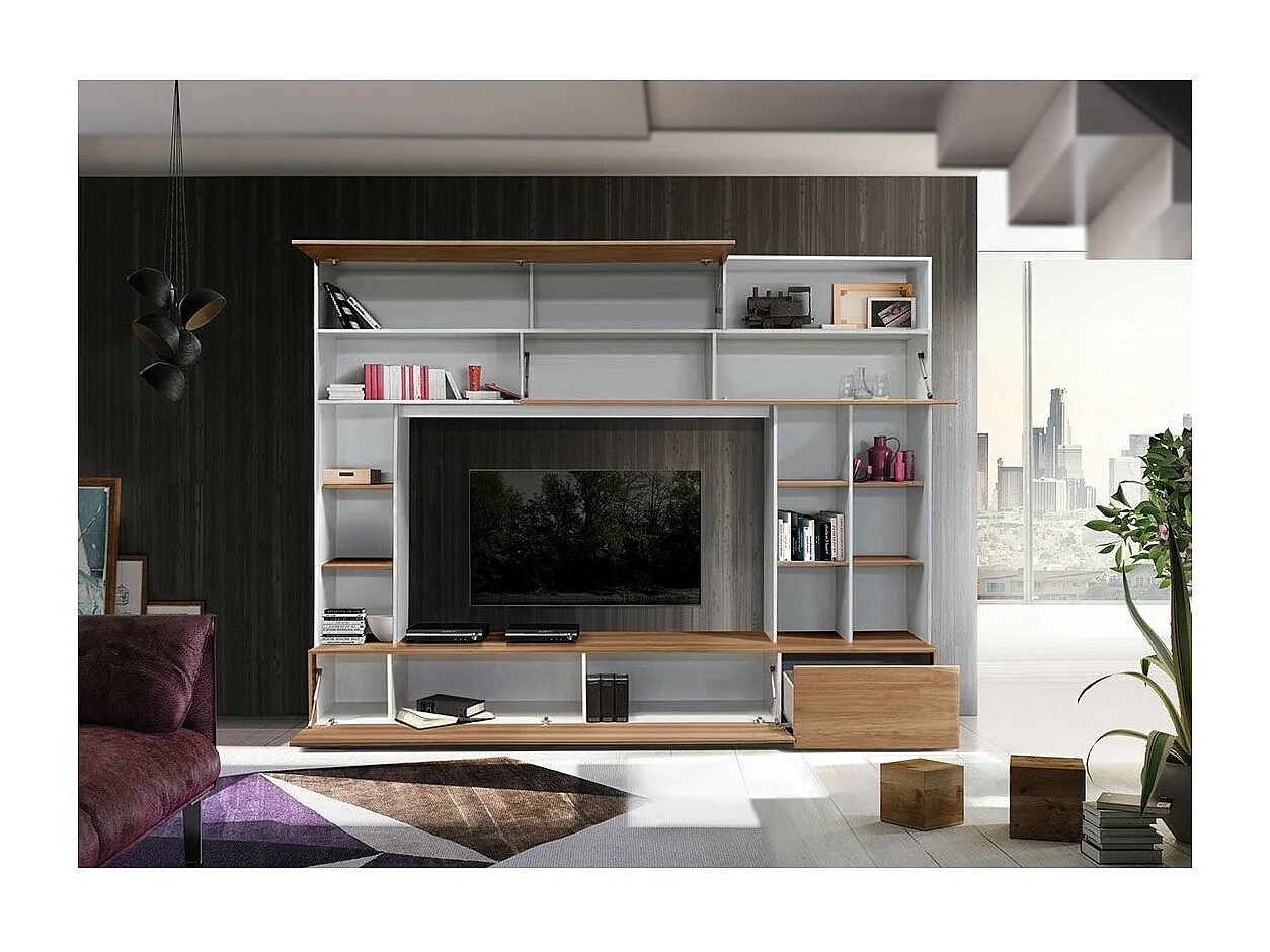Wandmeubel PATIO - Eiken & mat wit - Veel opbergruimte - Moderne stijl voor woonkamer