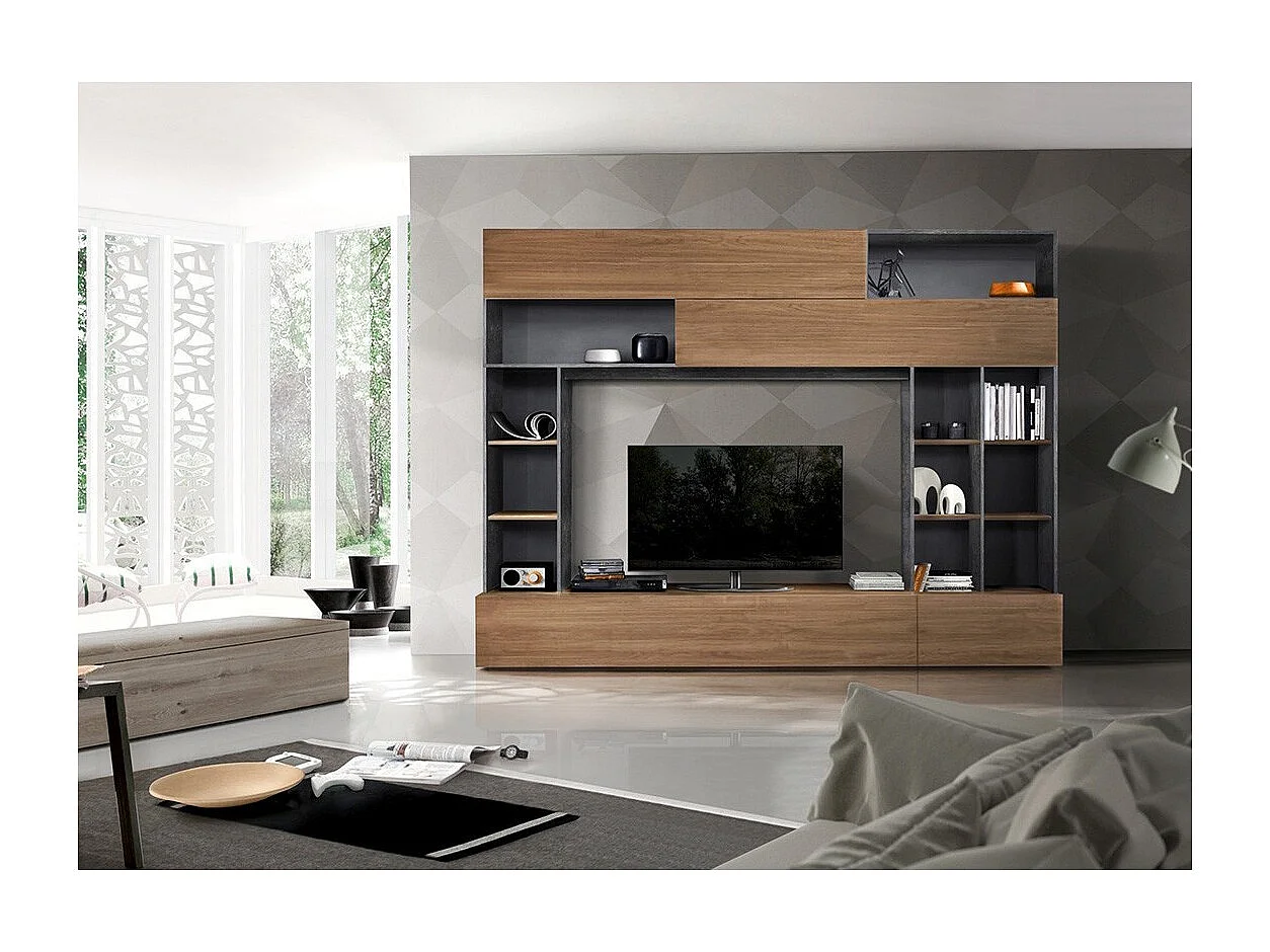 Composition murale salon avec rangements, chêne/gris anthracite, collection PATIO