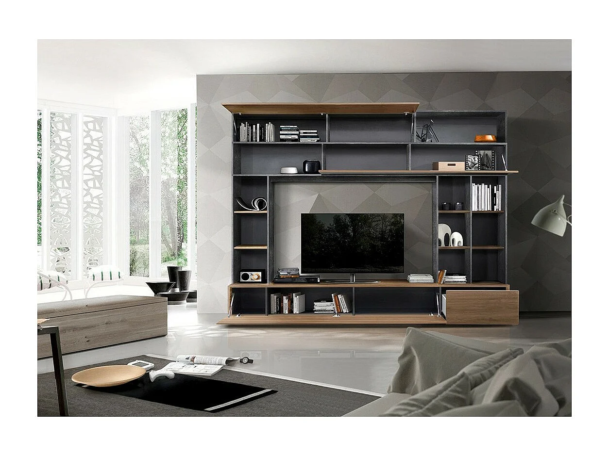 Composition murale salon avec rangements, chêne/gris anthracite, collection PATIO