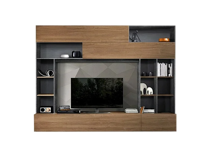 Wandkomposition für Wohnzimmer mit Aufbewahrungsmöglichkeiten, Eiche/anthrazitgrau, Kollektion PATIO