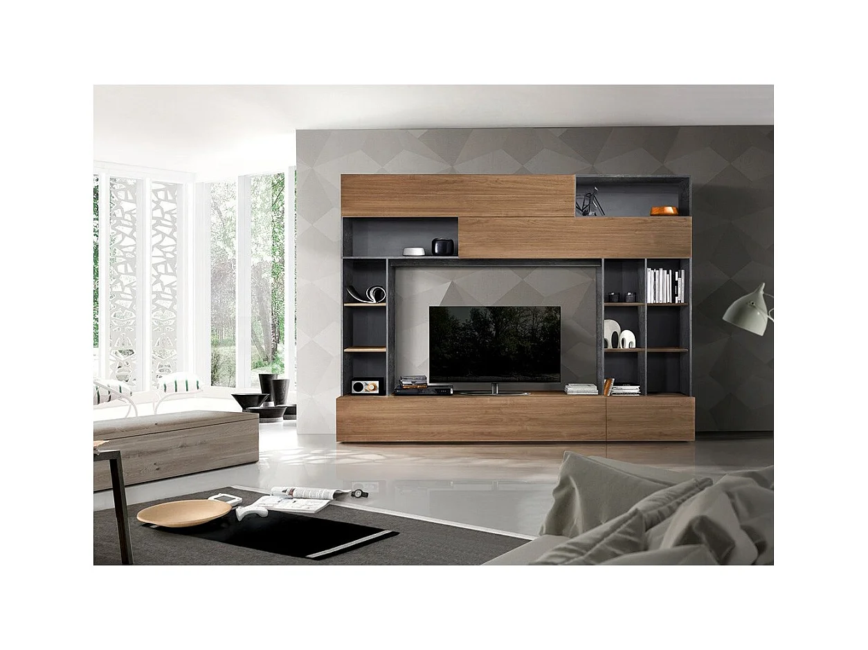 Wandkomposition für Wohnzimmer mit Aufbewahrungsmöglichkeiten, Eiche/anthrazitgrau, Kollektion PATIO