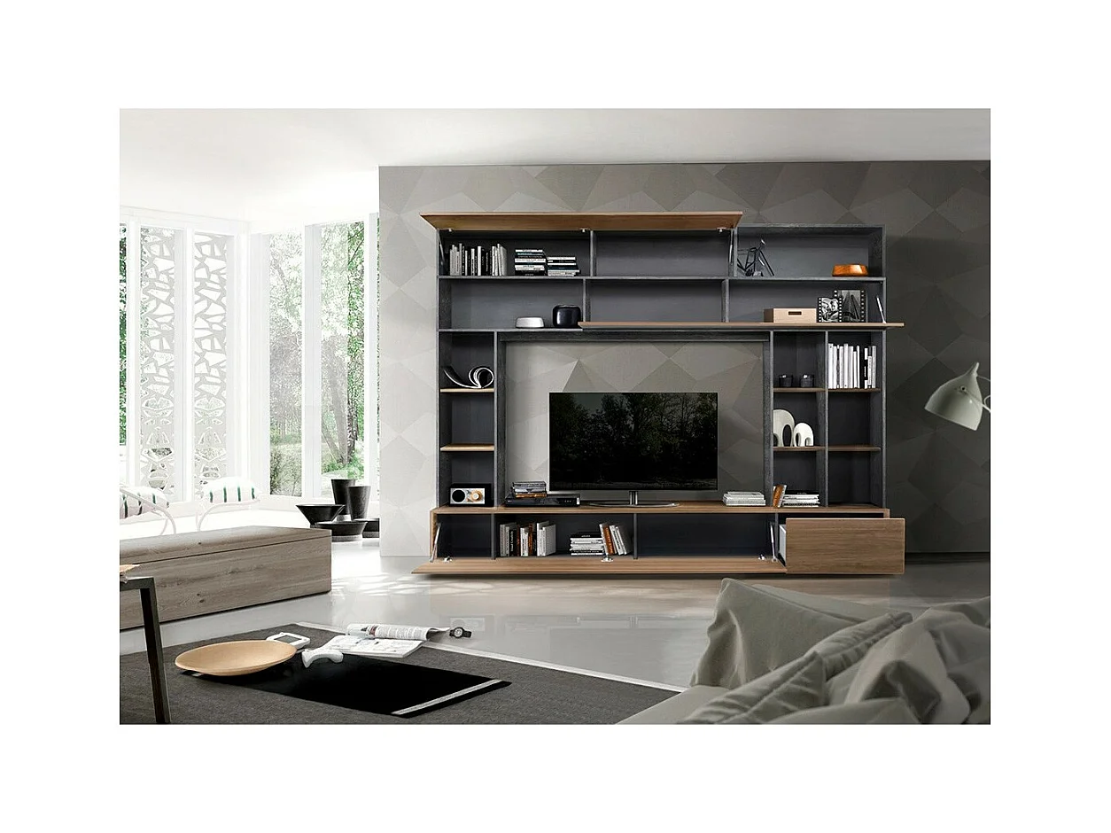 Wandkomposition für Wohnzimmer mit Aufbewahrungsmöglichkeiten, Eiche/anthrazitgrau, Kollektion PATIO