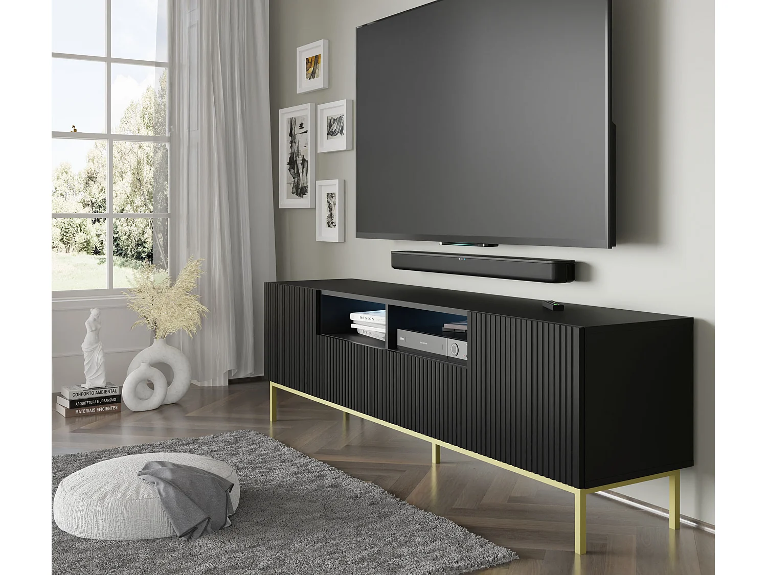 Mobile TV RAVENNA B 200 cm 2D2S nero opaco - cornice dorata