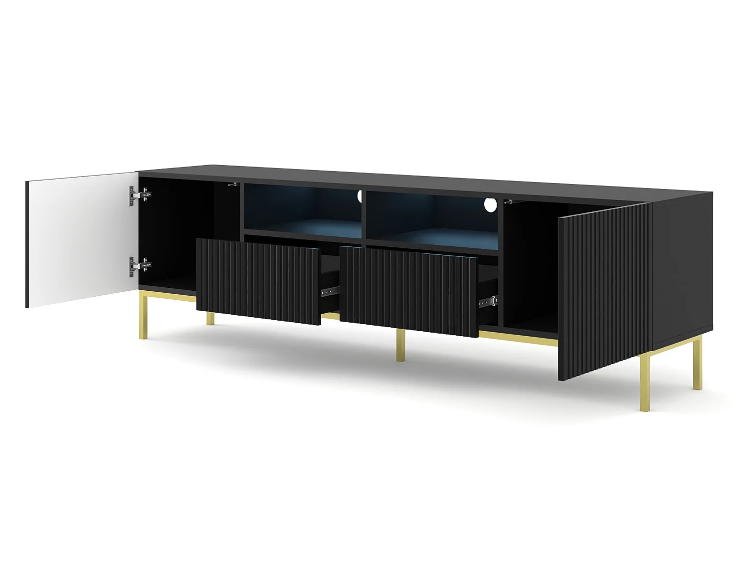 TV Schrank RAVENNA B 200 cm 2D2S Schwarz Matt - goldener Metallrahmen