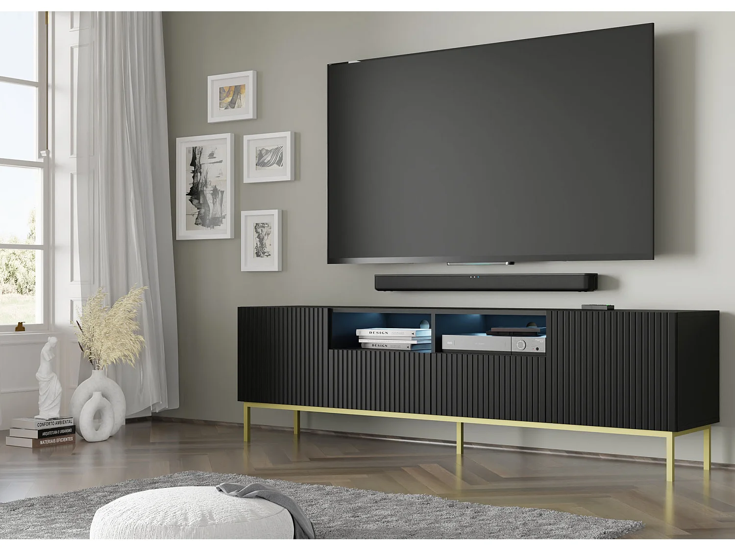 TV Schrank RAVENNA B 200 cm 2D2S Schwarz Matt - goldener Metallrahmen