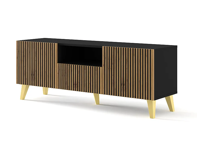 TV Schrank RAVENNA P 150 cm 2D1S Schwarz Matt / Artisan Eiche + Goldene Beine