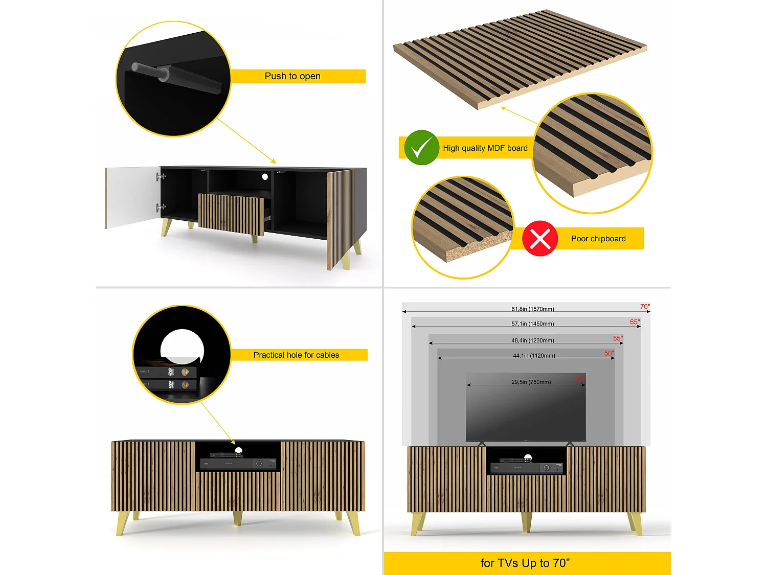 TV Schrank RAVENNA P 150 cm 2D1S Schwarz Matt / Artisan Eiche + Goldene Beine