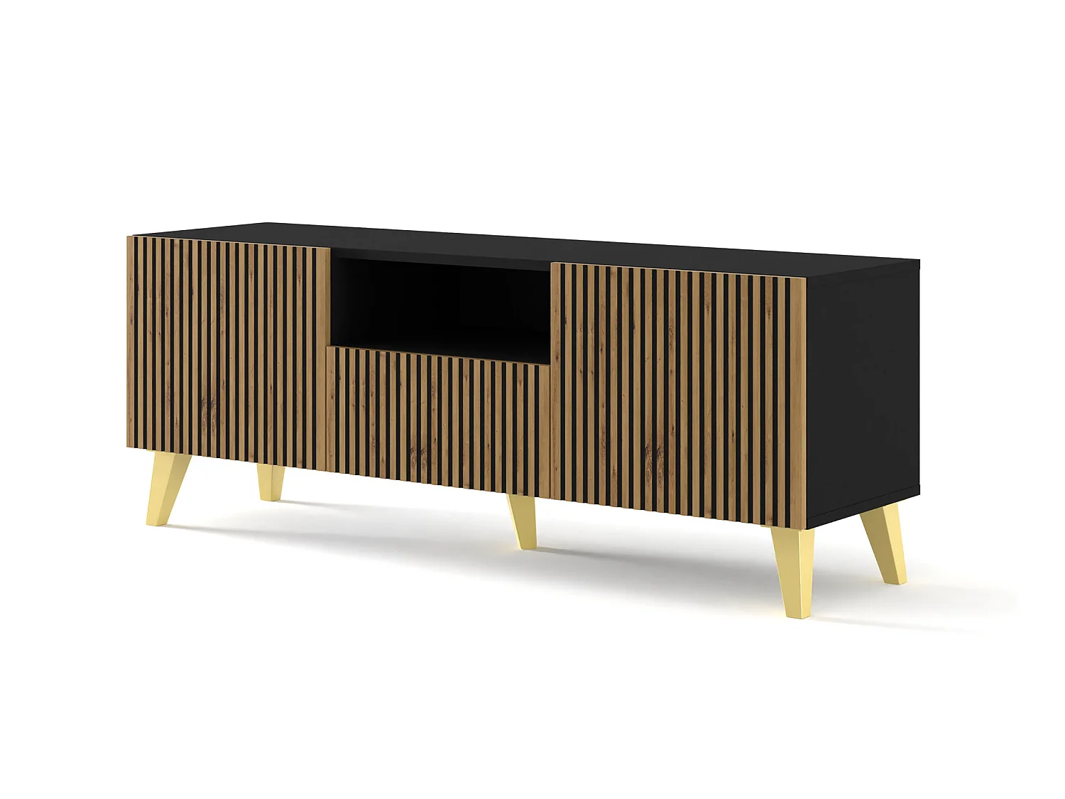 Meuble TV RAVENNA P 150 cm 2D1S noir mat / chêne artisan + pieds dorés