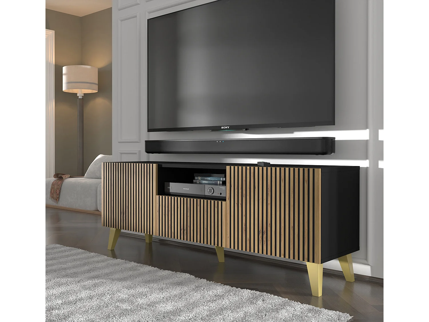 Meuble TV RAVENNA P 150 cm 2D1S noir mat / chêne artisan + pieds dorés