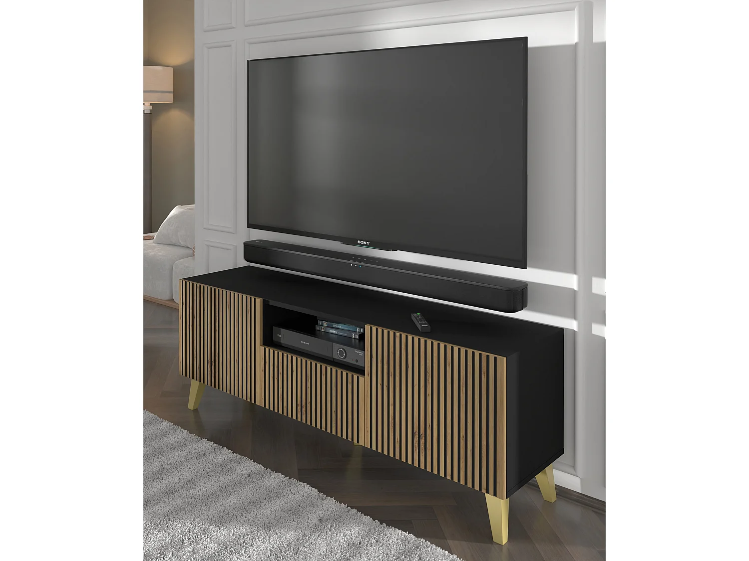 Meuble TV RAVENNA P 150 cm 2D1S noir mat / chêne artisan + pieds dorés