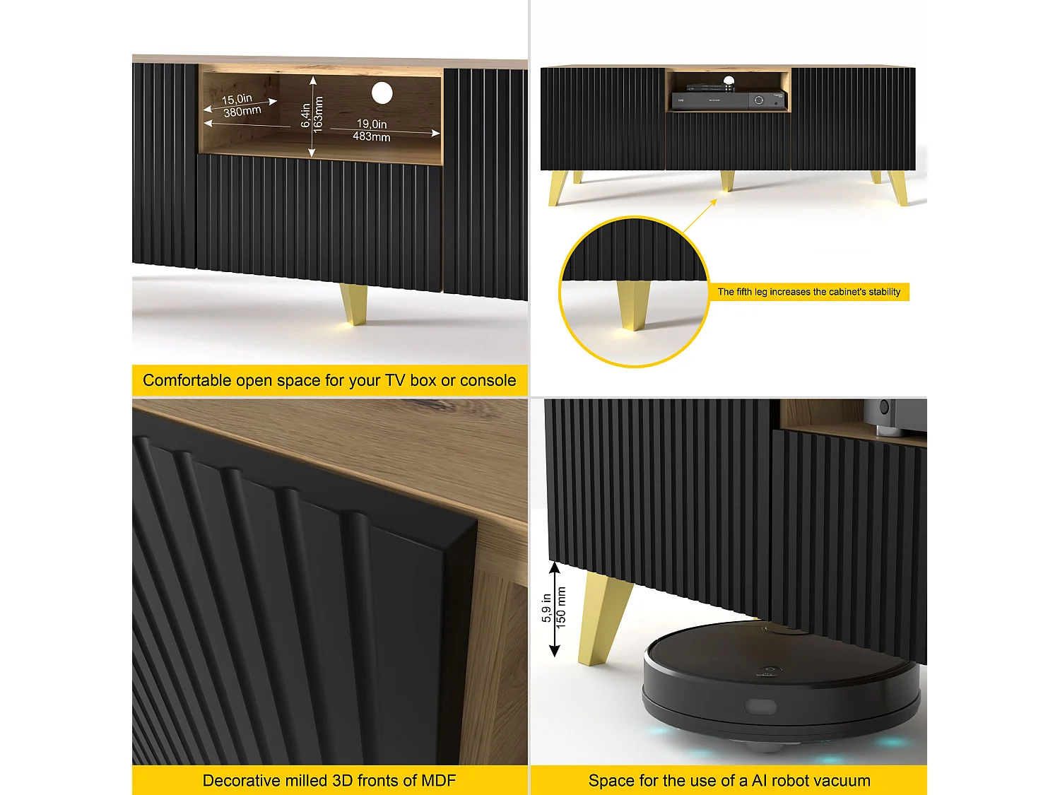 TV-meubel RAVENNA B 150 cm 2D1S artisan eiken / mat zwart + gouden poten