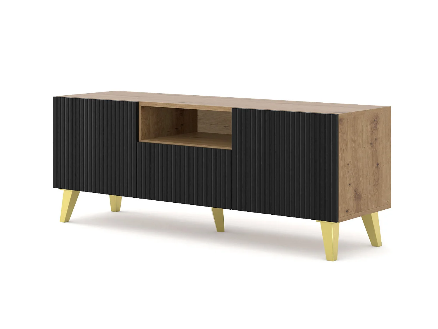 TV-meubel RAVENNA B 150 cm 2D1S artisan eiken / mat zwart + gouden poten