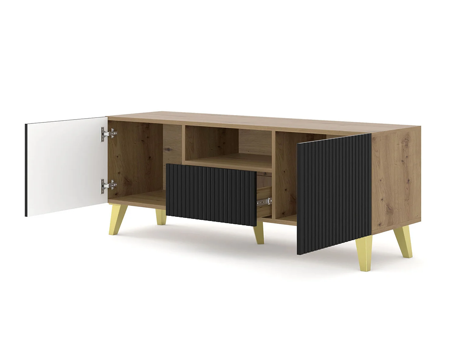 TV-meubel RAVENNA B 150 cm 2D1S artisan eiken / mat zwart + gouden poten