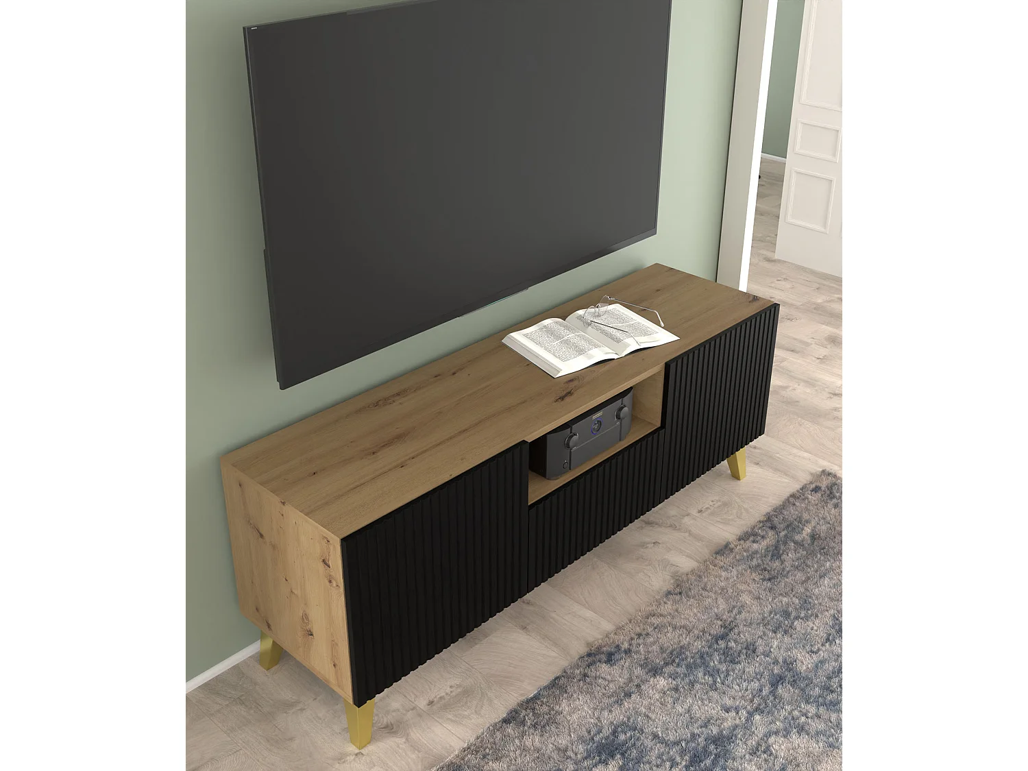 TV-meubel RAVENNA B 150 cm 2D1S artisan eiken / mat zwart + gouden poten