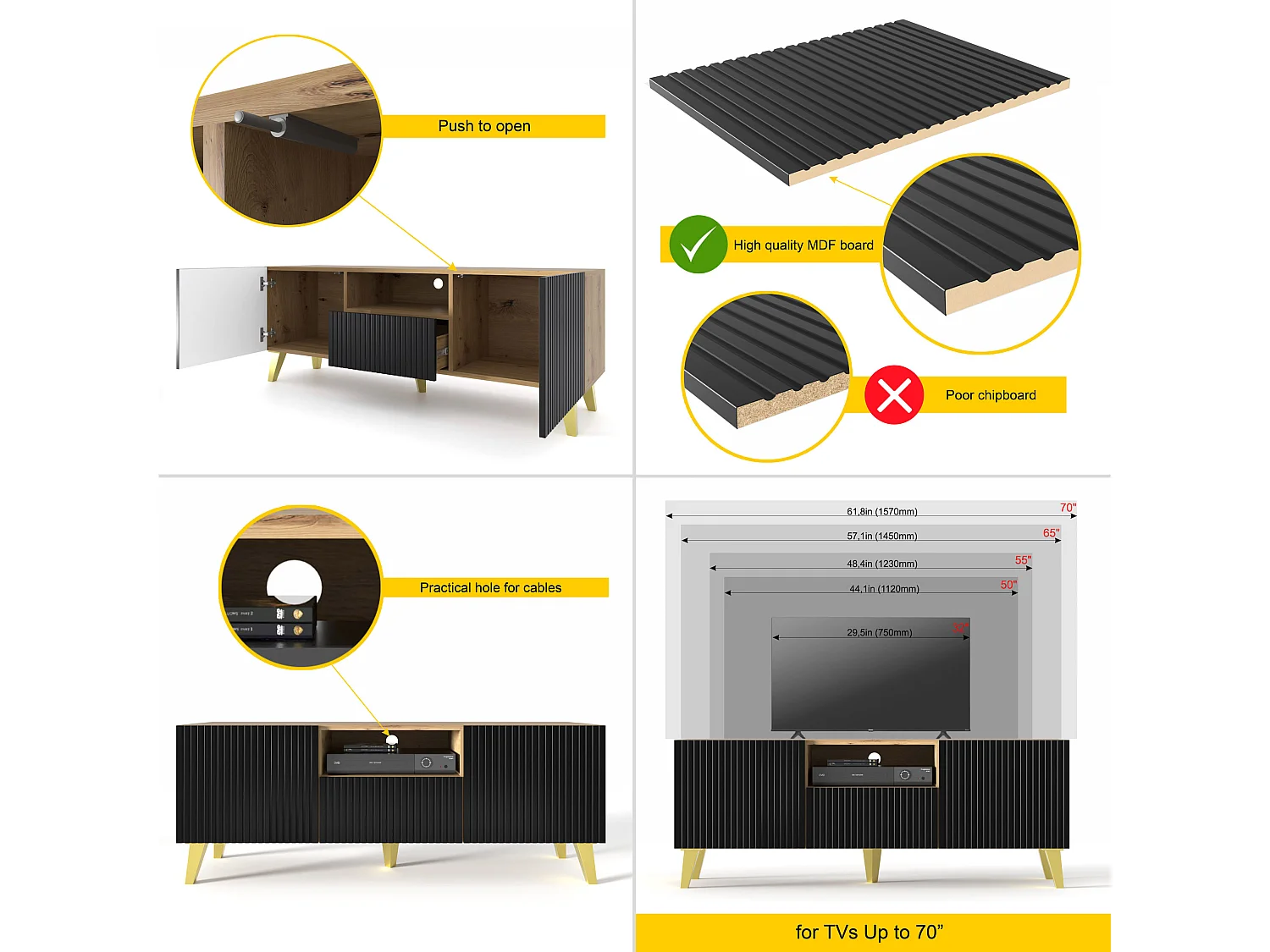 TV-meubel RAVENNA B 150 cm 2D1S artisan eiken / mat zwart + gouden poten