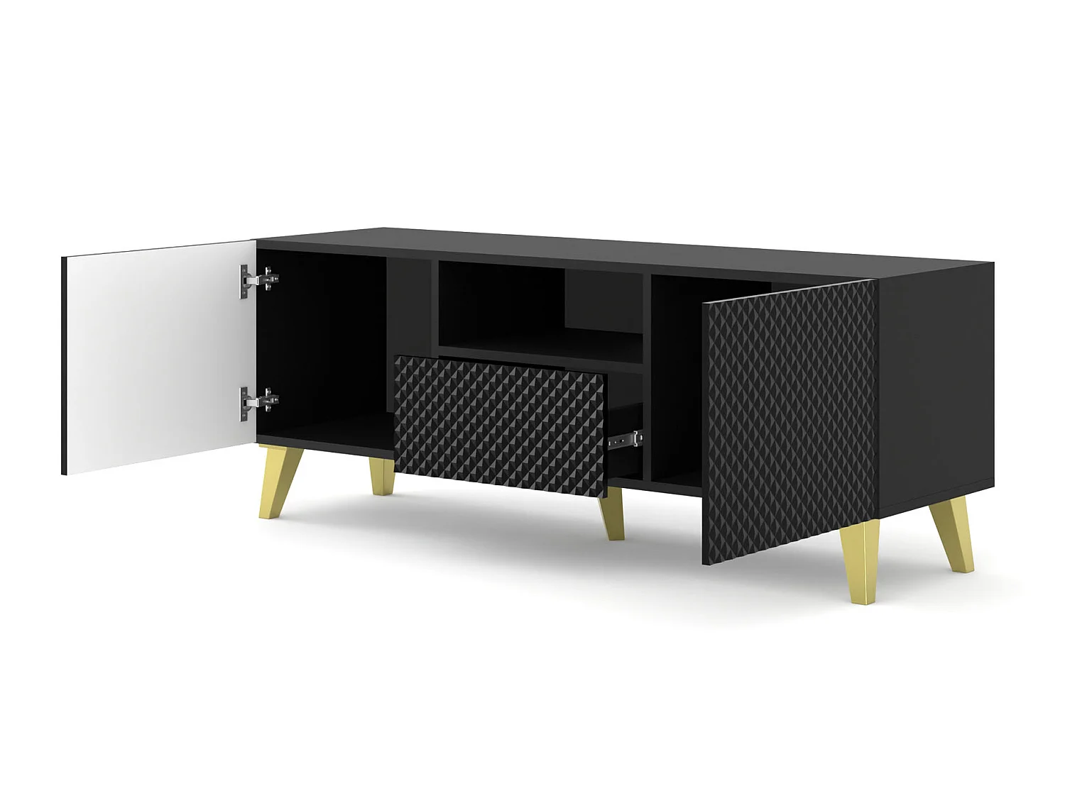 TV-meubel RAVENNA C 150 cm 2D1S glanzend zwart + gouden poten