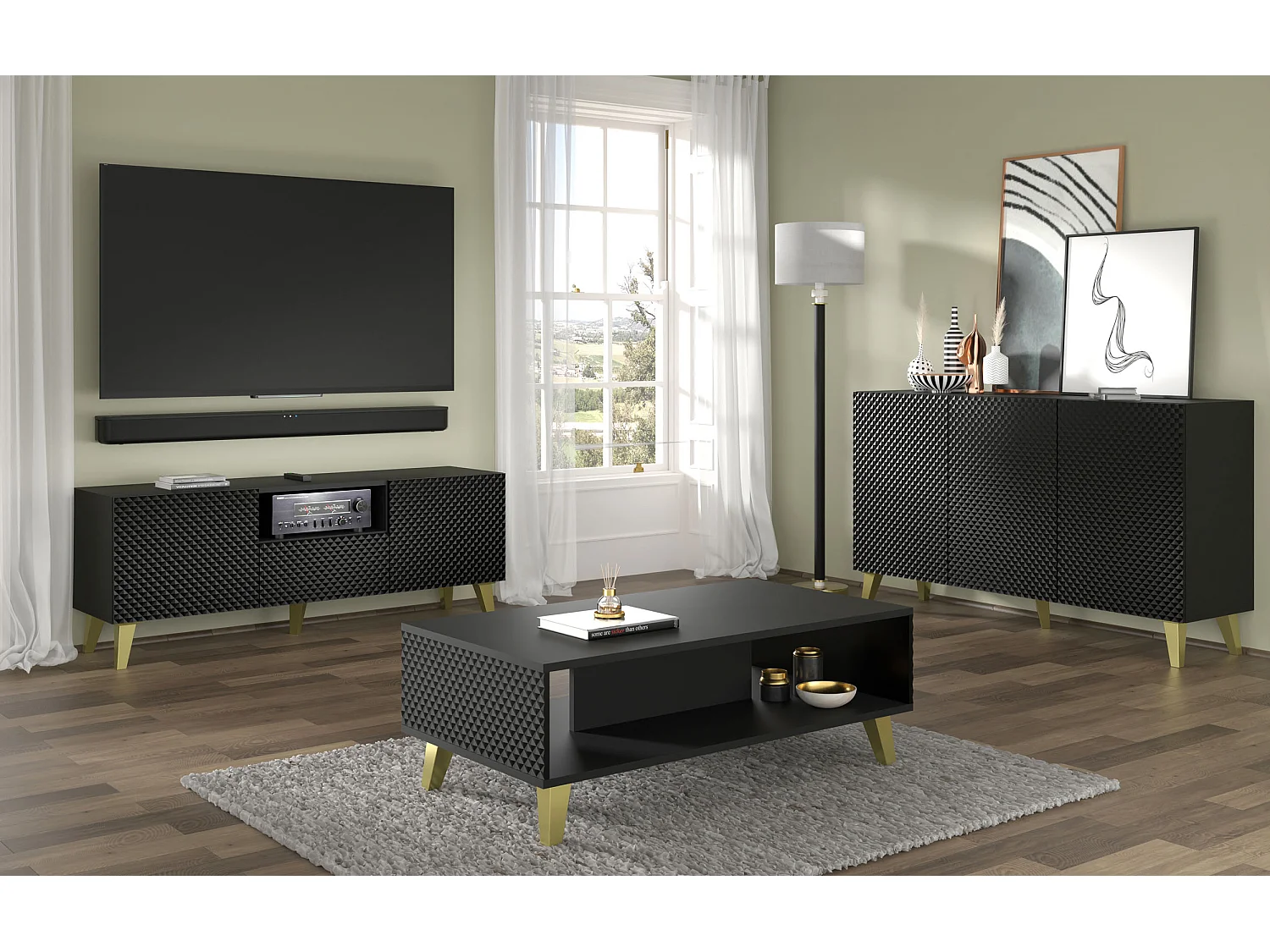 Meuble TV RAVENNA C 150 cm 2D1S noir brillant +  pieds dorés