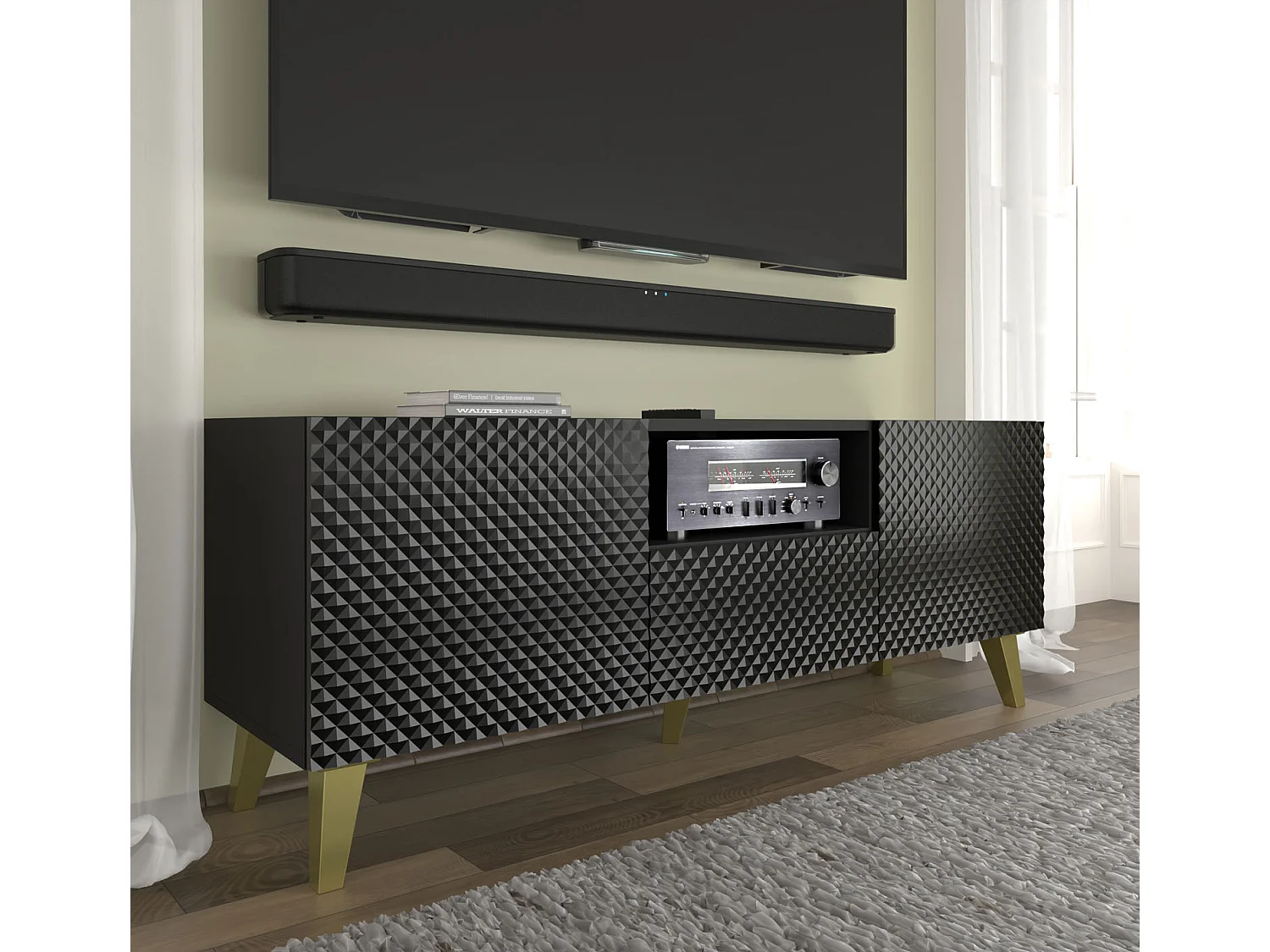 TV-meubel RAVENNA C 150 cm 2D1S glanzend zwart + gouden poten