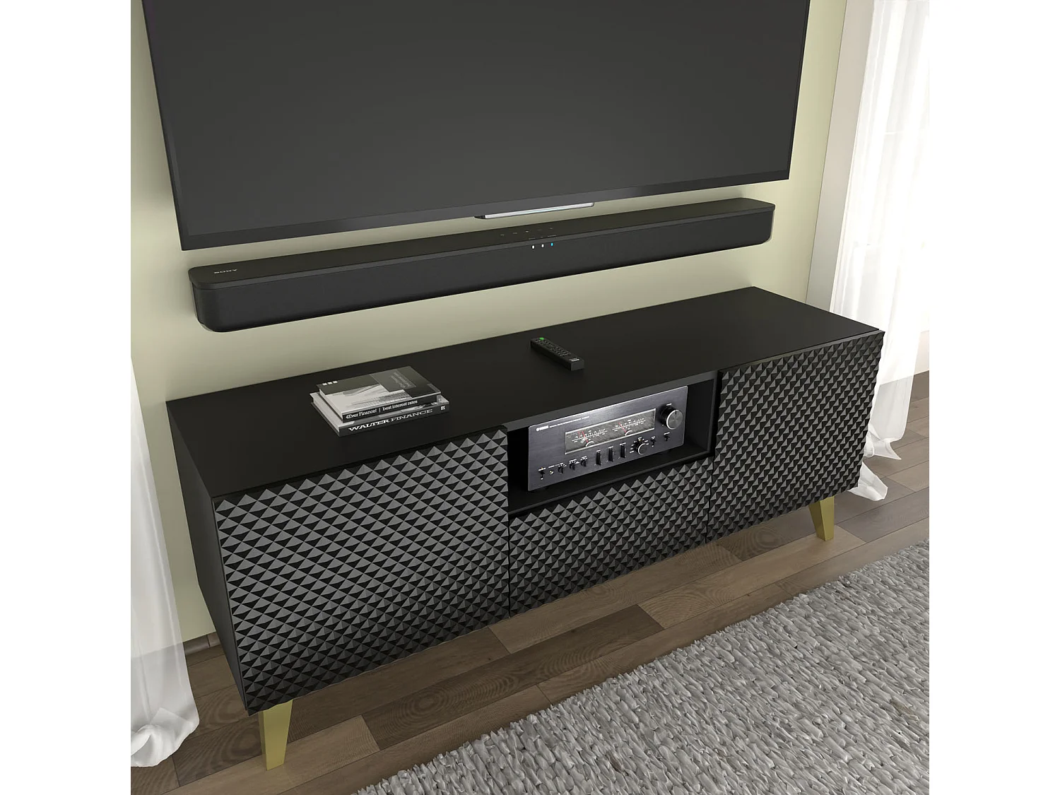 TV-meubel RAVENNA C 150 cm 2D1S glanzend zwart + gouden poten