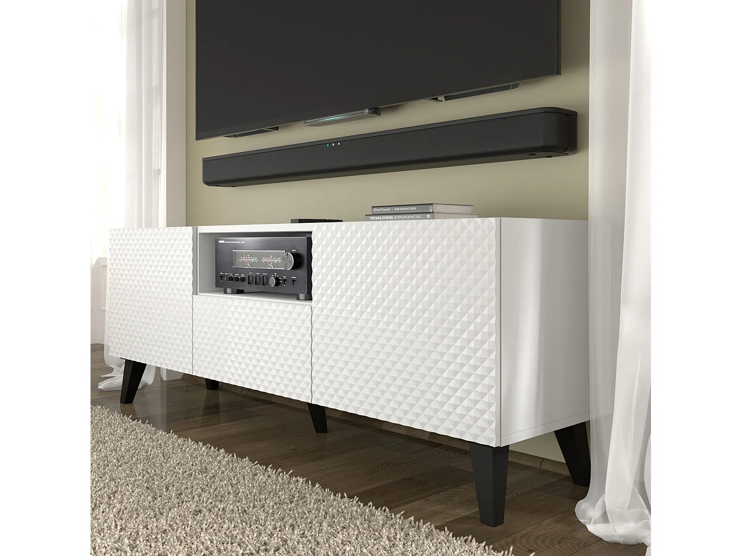 Mueble de TV RAVENNA C 150 cm 2D1S blanco brillo + patas negras