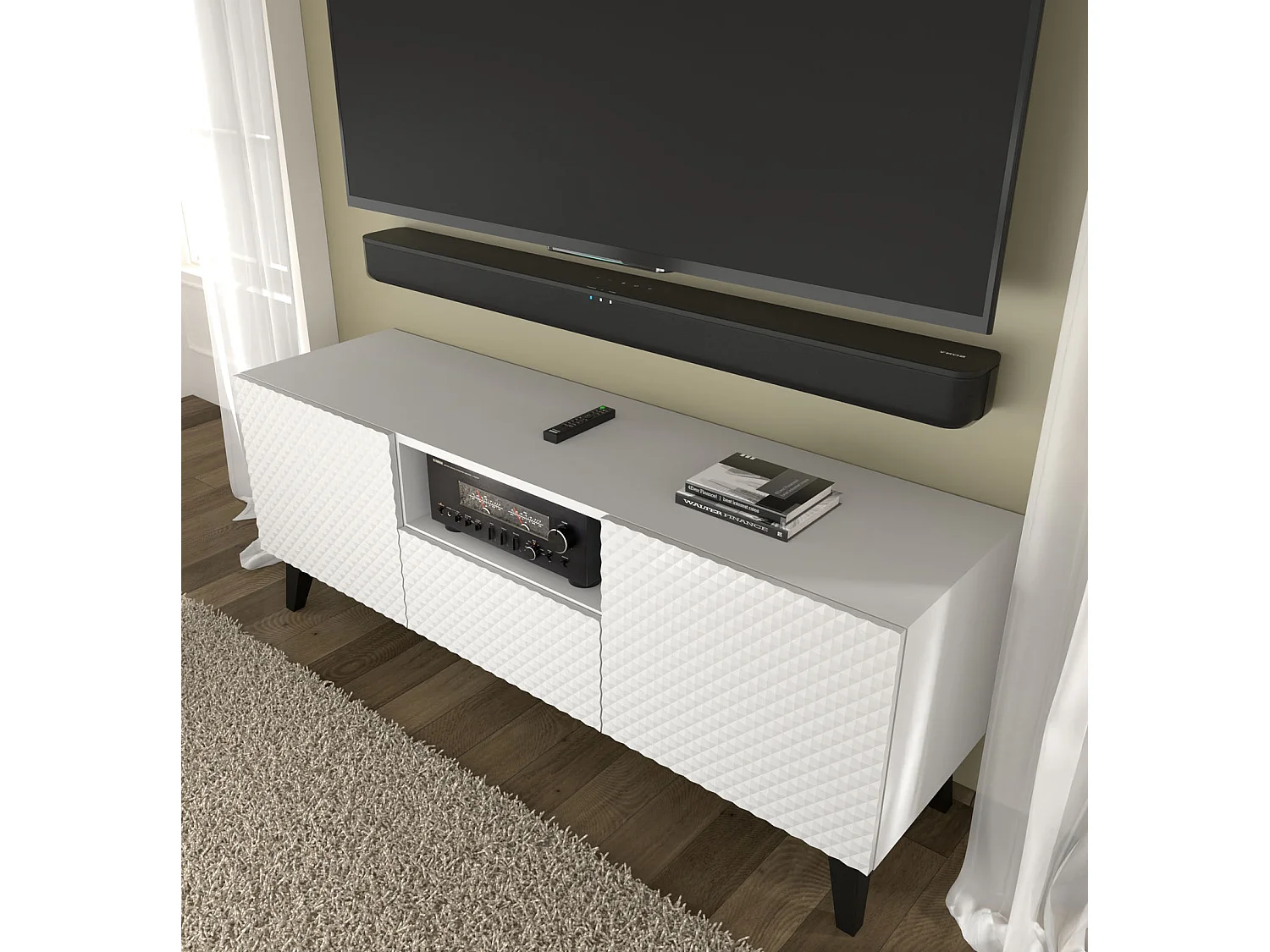 Mueble de TV RAVENNA C 150 cm 2D1S blanco brillo + patas negras