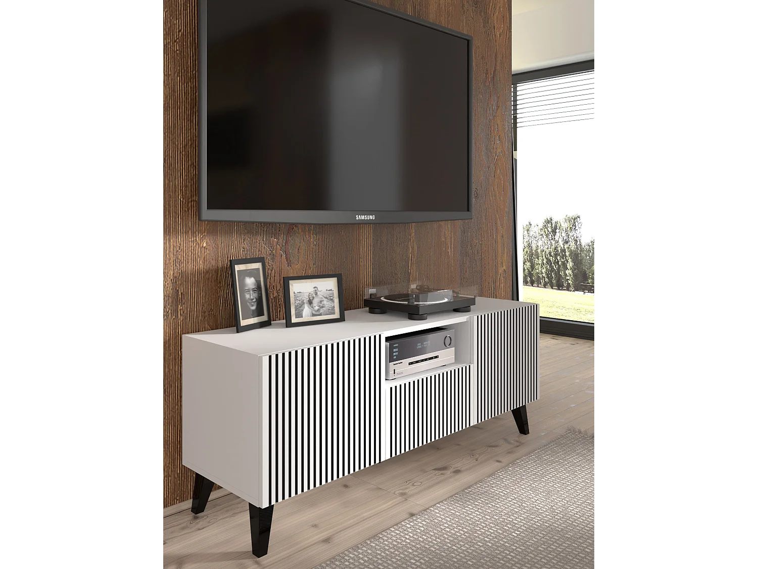 Mueble de TV RAVENNA P 150 cm 2D1S blanco mate / negro mate + patas negras
