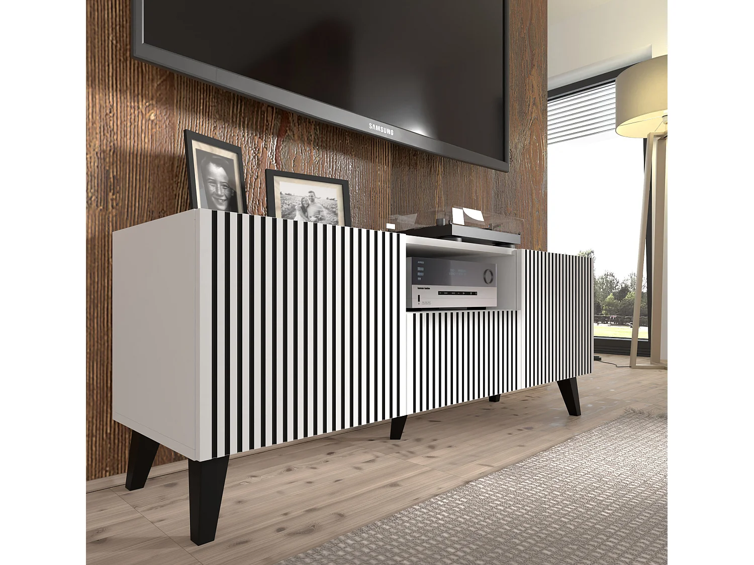 Mueble de TV RAVENNA P 150 cm 2D1S blanco mate / negro mate + patas negras